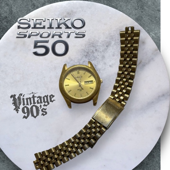 ‼️𝐕𝐓𝐆 𝟗𝟎’𝐒 Seiko Sports 50 Gold Watch/𝐓𝐈𝐌𝐄-𝐃𝐀𝐘-𝐃𝐀𝐘 𝐎𝐅 𝐌𝐎𝐍𝐓𝐇